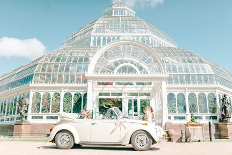 Giselle Dress By Anna Campbell Sefton Park Palm House Wedding Photography By Sarah Jane Ethan English Picnic, Motorbike Wedding, Palm House Wedding, Wedding Boat, Vintage Wedding Car, Sefton Park, Carriage Horse, Foliage Decor, Giselle Dress