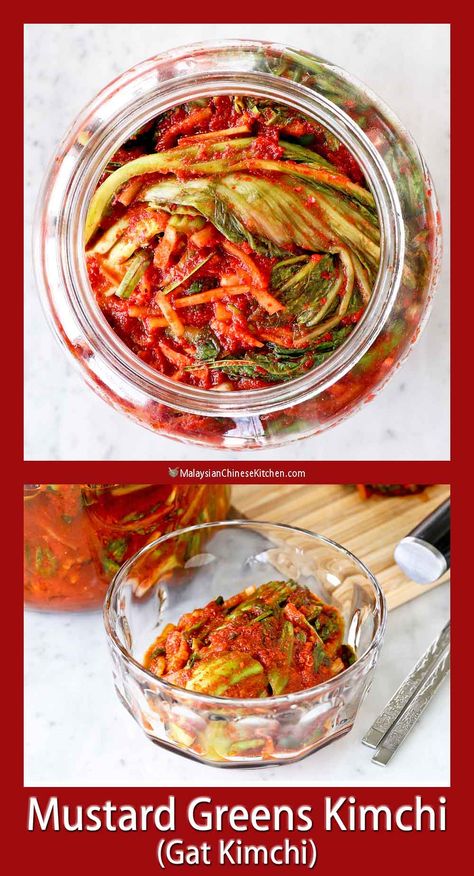 This Mustard Greens Kimchi is not your usual kimchi but it is just, if not more tasty than cabbage kimchi. Crunchy, pungent, and delicious. | MalaysianChineseKitchen.com #mustardgreenskimchi #gatkimchi #kimchi Gat Kimchi, Easy Kimchi, Cabbage Kimchi, Salted Shrimp, Chinese Chives, Chinese Kitchen, Kimchi Fried Rice, Kimchi Recipe, Napa Cabbage