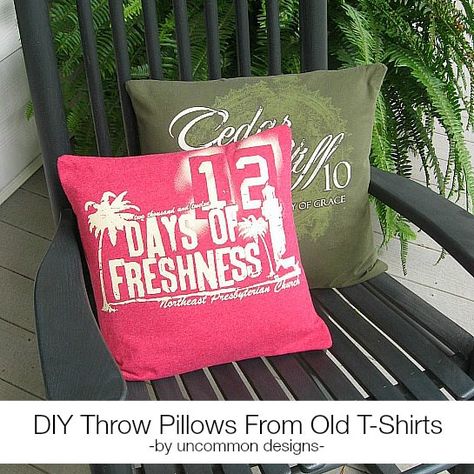 Create fun throw pillows from old t-shirts for a fun whimsical home decor item via Uncommon Designs. T Shirt Pillows, Easter Egg Decorating Party, Diy Throws, Shirt Pillows, Diy Throw Pillows, Fun Throw Pillows, Whimsical Home, Mason Jar Crafts Diy, Recycled T Shirts