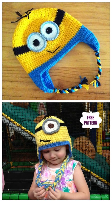 DIY Crochet Minion Earflap Hat free Crochet Pattern Crochet Minion Hat Pattern Free Kids, Minion Hats Crochet Free Pattern, Free Crochet Minion Hat, Minion Beanie Crochet Pattern Free, Minion Hat Crochet Pattern Free, Minion Crochet Hats, Kid Hat Crochet Pattern, Minion Hat Crochet, Crochet Minion Hat Pattern Free