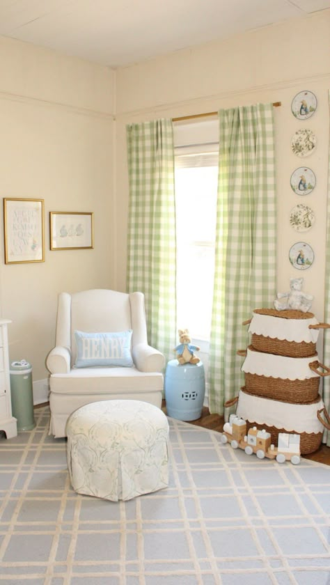 Rebekah Hinz Timmel on Instagram: "The sweetest room in our house just got sweeter!✨Henry and I could not be happier with the curtains that were kindly gifted to us from @letsdecoberry The “Mertie buffalo check” pattern is so classic & timeless and they completely transformed his nursery🤍The fabric is incredibly soft but more importantly, resistant to wear & tear🙌🏻which means my angel boy can play with them all he wants without any concern on my end!👼🏼 I chose the “Laurel green” but make Green Nursery Boy, Gingham Curtains, Laurel Green, Angel Boy, Classic Nursery, Pastel Nursery, Nursery Room Design, Baby Boy Room Nursery, Nursery Curtains