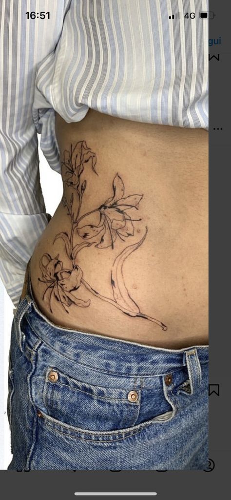 Flower Hip Tattoo Designs, Flower On Stomach Tattoo, Big Dainty Tattoos, Lotus Stomach Tattoo, Hip To Stomach Tattoos Women, Lily Stomach Tattoo, Hip Tattoos Flowers, Women V Line Tattoo, Nature Back Tattoo Women