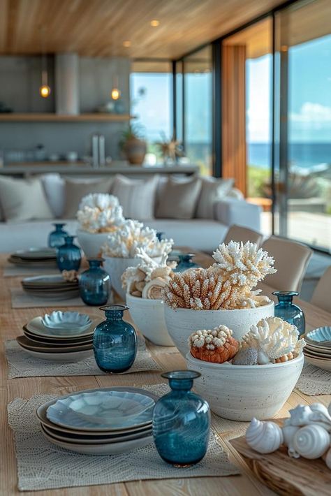 Hanging Decor Over Table, Coastal Centerpiece Ideas, Beach Table Decorations, Coastal Table, Outdoor Table Decor, Summer Table Decorations, Beach Table, Tablescape Ideas, Outdoor Dining Spaces