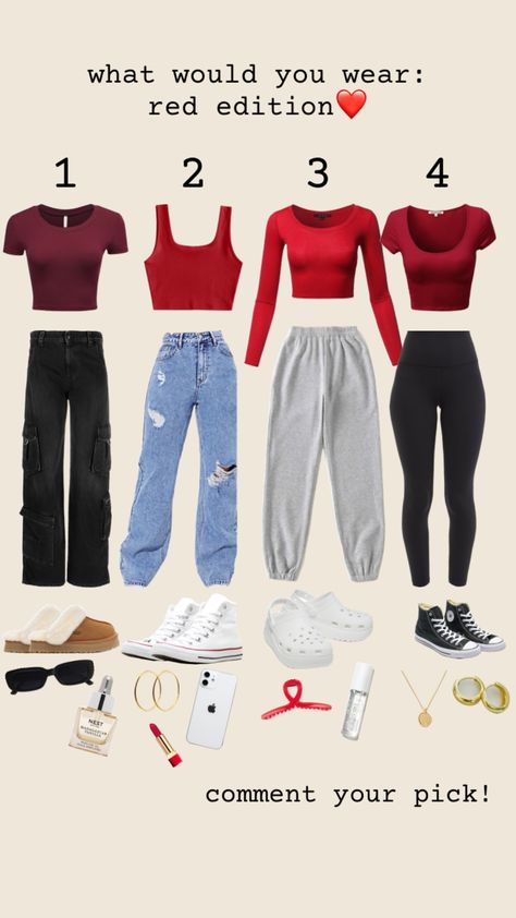 #red #outfits #fit #outfitinspo #ootd Outfits With Red Shirts For School, How To Style Red Sweatpants, Red Outfit For School, Red Back To School Outfits, High School Musical Outfit Ideas, Red Spirit Day Outfits, Red Outfits For School, Red School Outfits, Red Outfit Ideas Casual