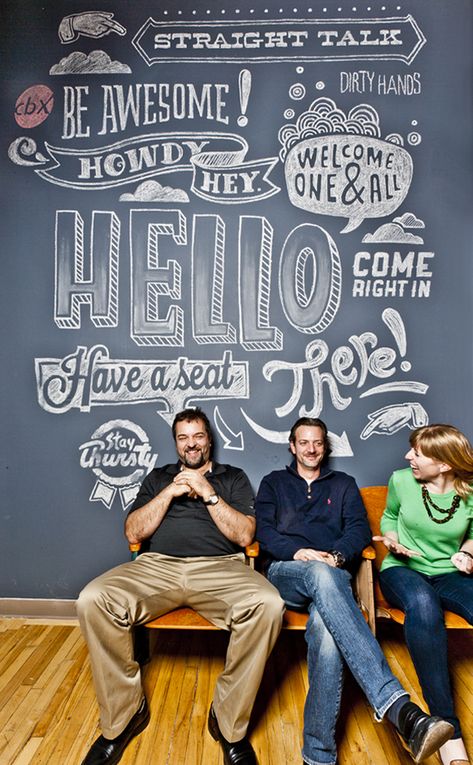 Inside the Studio: Behind the big red curtain at CBX NYC with Rick Barrack - The Dieline - Party Chalkboard, Inspiration Typographie, Blackboard Wall, Chalk Wall, Chalkboard Lettering, Chalk Lettering, Chalkboard Designs, Chalkboard Wall, Red Curtains