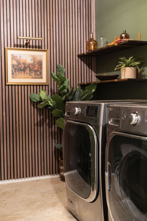 Elevating my laundry room aesthetic with a touch of contemporary design, with this sleek walnut slat wall from @thewoodveneerhub. I love how it creates a striking focal point in this makeover! I may actually enjoy doing laundry now! Wood Slat Wall Laundry Room, Wood Panel Laundry Room, Slat Wall Laundry Room, Slat Wainscoting, Walnut Slat Wall, Slat Panel Wall, Moody Laundry Room, Laundry Room Aesthetic, Slatted Wood Wall