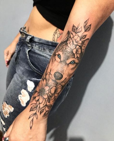 Half Sleeve Tattoos Wolf, Wolf Tattoo Forearm, Wolf Tattoos For Women, Mandala Wrist Tattoo, Strong Tattoos, Half Sleeve Tattoos Forearm, Floral Tattoo Shoulder, Wolf Tattoo Sleeve, Knuckle Tattoos