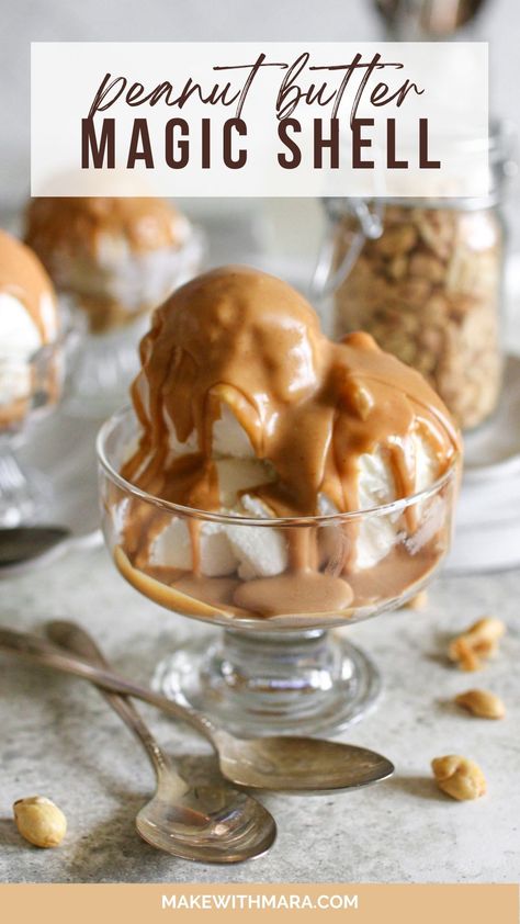 Peanut Butter Magic Shell, Peanut Butter Cobbler Carnival Eats, Diy Magic Shell, Magic Shell Recipe, Reeses Ice Cream, Homemade Magic Shell, Best Sauce Recipe, Ice Cream Sauce, Fair Foods