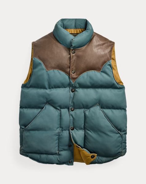 Leather-Yoke Quilted Vest Ralph Lauren Vest, Padded Vest, Ralph Lauren Leather, High Neck Sleeveless, Ralph Lauren Purple Label, Pad Design, Outerwear Vest, Quilted Vest, Jumper Shirt