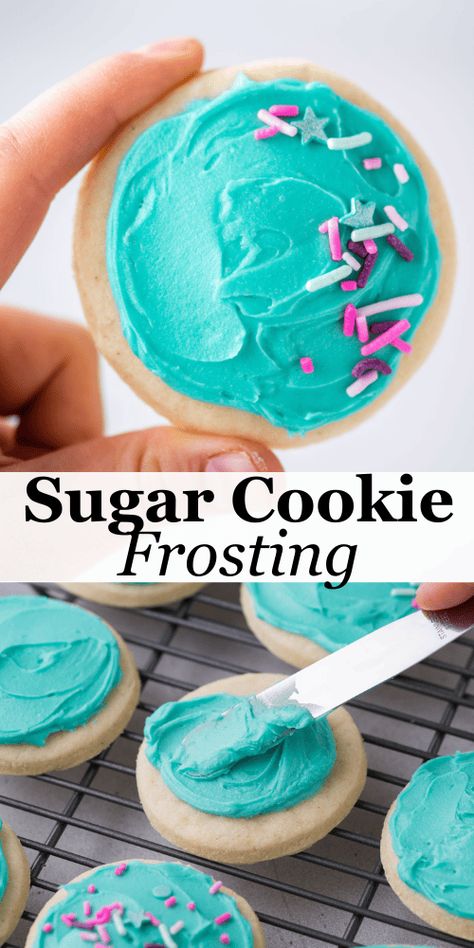 This is the sugar cookie frosting recipe you've been searching for! Made in just 5 minutes with 6 base ingredients and whatever color gel food coloring you want, this recipe is perfect for everything from simple cookies to intricate designs. Vanilla Frosting For Cookies, Buttercream Cookie Icing, Icing That Doesnt Need Refrigeration, Frankenfrosting Recipe, Thick Icing Recipe, Powder Sugar Frosting, Icing Sugar Frosting, Homemade Frosting Easy, Homemade Icing Recipe