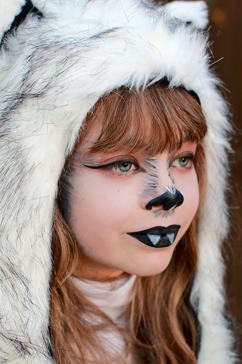 White wolf, wolf makeup costume, Spirit Hoods. The Arbitrary Fox White Wolf Costume, Woman Wolf Costume, Kid Werewolf Makeup, Cute Wolf Makeup Halloween, Arctic Fox Costume, Wolf Custome Halloween, Diy Wolf Costume, Girls Wolf Costume, Wolf Costume Makeup