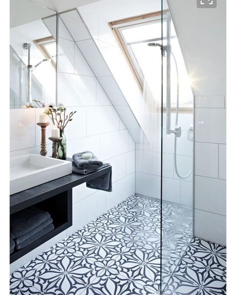 Shower in dormer window idea Loft Bathroom, Attic Bathroom, Scandinavian Bathroom, White Interior Design, Scandinavian Interior Design, Tile Flooring, Loft Conversion, Bath Room, Tile Ideas