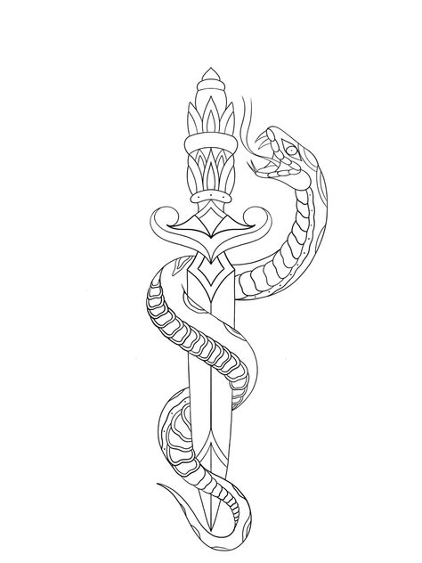 Snake Forearm Tattoo Stencil, Snake Tattoo Design Stencil, Knife Snake Tattoo Design, Snake With Knife Tattoo Design, Engraving Stencils, Snake And Dagger Tattoo Design, Traditional Tattoo Painting, Bird Silhouette Tattoos, Traditional Snake Tattoo