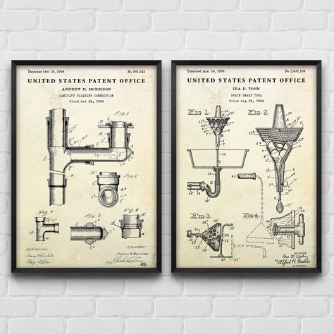 Plumbing Connection & Drain Snake Tool Patent Wall Art, Blueprint Poster, Plumber Gift, Bathroom Vintage Home Decor, Set Of 2 Prints by Voloshky on Etsy Birthday Present For Husband, Bathroom Vintage, Office Vintage, Vintage Bathrooms, Vintage Home, Vintage Home Decor, Vintage Decor, Etsy Wall Art, Drain