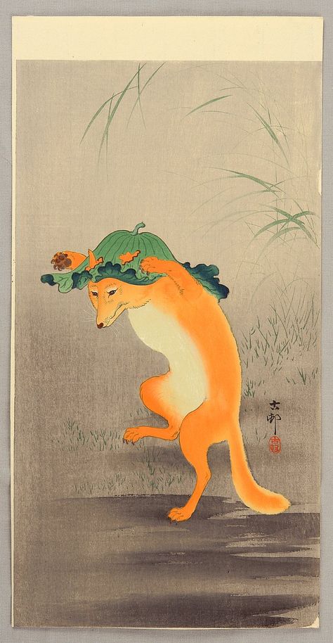 Ohara Koson: Dancing Fox - Artelino - Ukiyo-e Search Images Victoriennes, Japanese Fox, Japanese Animals, Art Fox, Fox Painting, Ohara Koson, Art Japonais, Ukiyo E, Fox Art