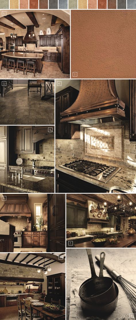 Color swatches at the top give interesting color ideas!  (Tuscan Kitchen Decor Ideas Mood Board | Home Tree Atlas) Tuscan Kitchen Decor Ideas, Tuscan Decorating Living Room, Tuscan Kitchen Decor, Tuscan Colors, Tuscan Interior, Tuscan Decorating Kitchen, Tuscan Design, Tuscan Kitchen, Casa Country