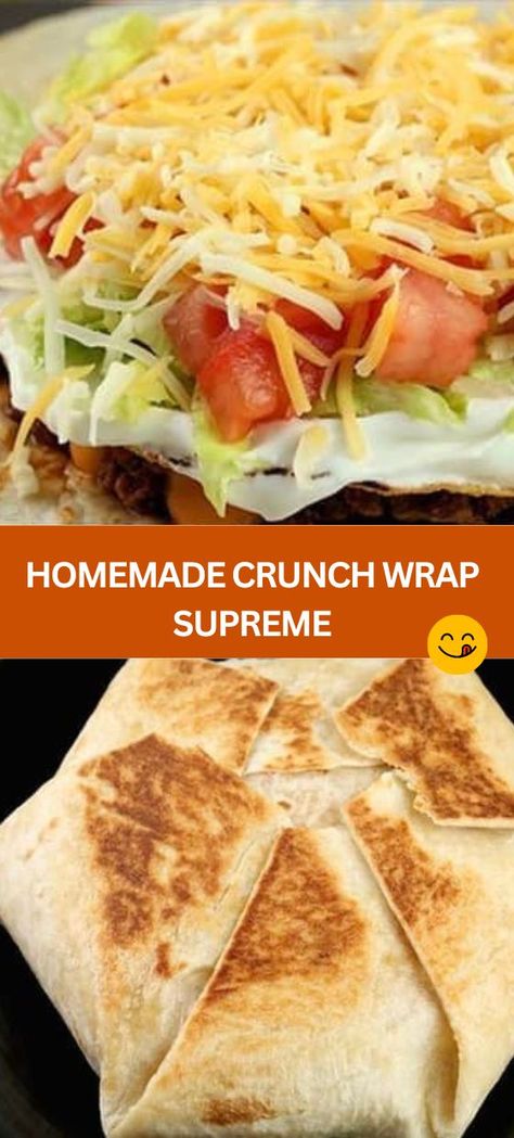 HOMEMADE CRUNCH WRAP SUPREME - Looking to spice up your Taco Tuesday? Try our Homemade Crunch Wrap Supreme recipe! This tasty twist on traditional tacos features savory ground beef,... Crunch Wrap Supreme Recipe, Crunchwrap Supreme Recipe, Taco Bell Crunchwrap Supreme, Taco Bell Crunchwrap, Homemade Crunchwrap, Copycat Taco Bell, Crunchwrap Supreme, Viral Recipes, Crunch Wrap