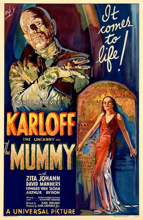 The Mummy 1932 film poster - Public domain movie poster The Mummy 1932, Mummy Movie, Universal Studios Monsters, Boris Karloff, Classic Movie Posters, The Mummy, Classic Horror Movies, Horror Movie Posters, Universal Monsters