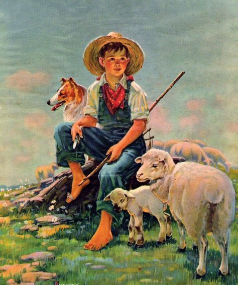 Boy And Dog Tending The Sheep-Anthony Cucchi (XX Century, American) American Gallery, Farm Art, The Sheep, Country Art, Childrens Illustrations, Children Illustration, Vintage Children, Vintage Illustration, A Child