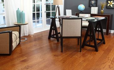 Gunstock oak with gray walls Gunstock Oak Floors, Oak Floor Living Room, Small Kitchen Dining Room Combo, Kitchen Dining Room Combo, Traditional Home Office, Oak Flooring, Dining Room Combo, Oak Kitchen, Best Flooring