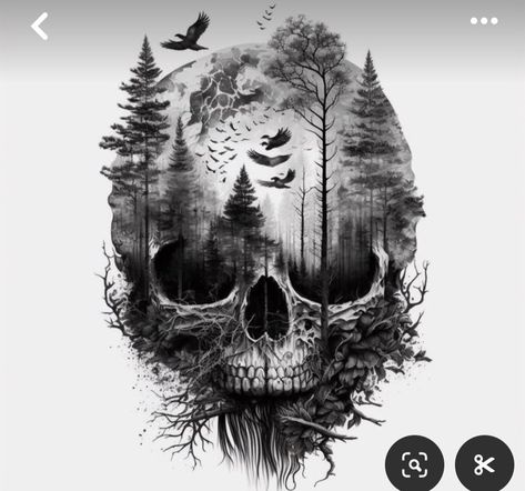 Creepy Woods Tattoo, Graveyard Sleeve Tattoo, Elk Hunting Tattoos, Forest Neck Tattoo, Dark Nature Tattoo Sleeve, Survival Tattoo For Men, Skull Nature Tattoo, Ghost Skull Tattoo, Outdoors Tattoo Ideas