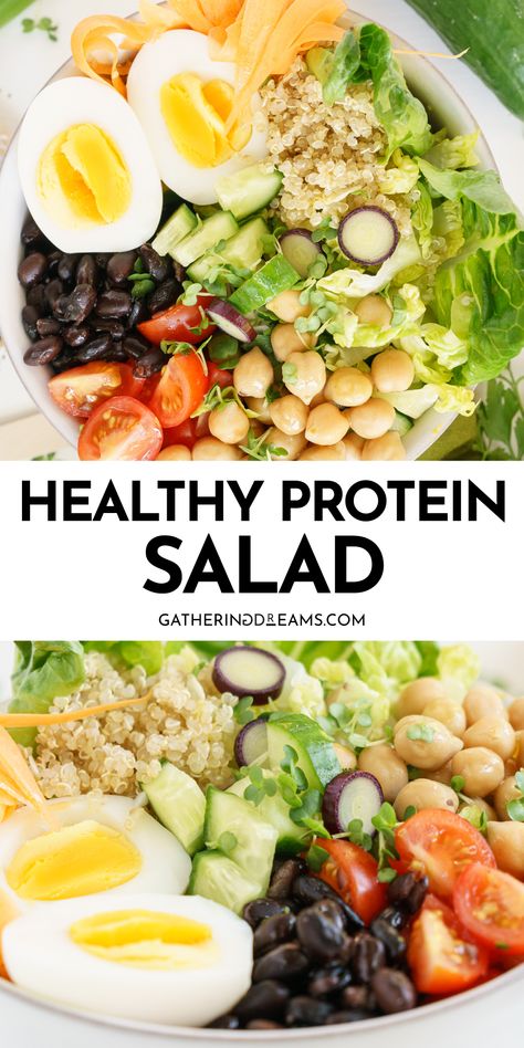 This Protein Salad is packed with fresh veggies and plenty of protein from quinoa, chickpeas, black beans, and eggs - the perfect combination of high-protein ingredients to keep you full and satisfied! You can pack this delicious salad in a jar, which is perfect for healthy meal prep. Black Beans And Eggs, Protein Salad Vegetarian, Beans And Eggs, Family Meal Prep, Salad Vegetarian, Protein Salad, Healthy Vegetarian Dinner, Seasonal Salad, Salad Meal Prep