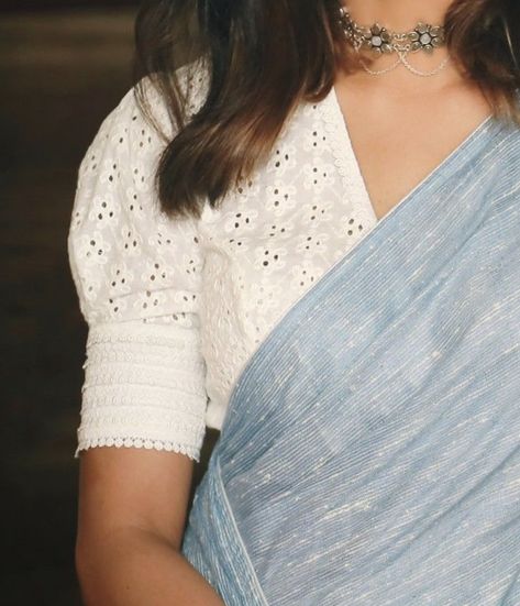 Saree Jacket Designs Latest, White Blouse Designs, Indian Blouses, Saree Jacket Designs, Long Blouse Designs, Saree Jackets, Saree Ideas, Cotton Saree Blouse Designs, Cutwork Blouse