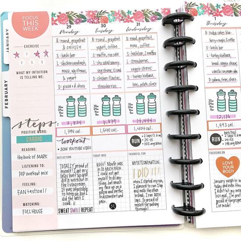 Here’s a peek in the Wellness/Fitness section of my planner. I’m so happy I changed it up and added the floral washi at the top to… happy planner Fitness Happy Planner, How To Bullet Journal, Digital Bullet Journal, Goals Bullet Journal, Happy Planner Layout, Bullet Journal How To Start A, Bullet Journal Ideas, Genius Ideas, Life Fitness