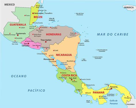 The seven countries, Costa Rica, El Salvador, Guatemala, Honduras, Nicaragua, Panama, and Belize, of Central America make up a diverse region of modern cities, ancient cultural sites, and pristine wilderness areas. Central America is North America's southernmost region. It is an isthmus that connects Mexico in North America to Colombia in South America, separating the Pacific Ocean to the west from the Caribbean Sea to the east. It encompasses an area of 202,230 sq mi with a population estima... Bluefields, San Pedro Sula, Spanish Conquistador, Maps For Kids, Human Settlement, Puntarenas, Tegucigalpa, Coban, The Pacific Ocean