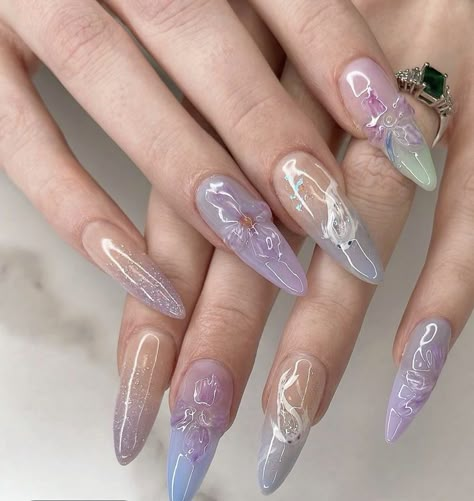 Mermaid Manicure, Almond Shape Fall Nails, Water Nail Art, Almond Shaped Nails Designs, Fake Acrylic Nails, Orchid Nails, Pastel Mermaid, Nails May, Gel X Nails