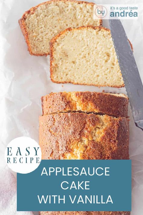 A photo from above of a cake, where two slices have been cut off and are lying loose. A text: easy recipe: Apple sauce cake with vanilla Gf Applesauce Cake, Cake Without Butter, Easy Baking Recipe, Easy Applesauce, Comforting Recipes, Cakes Without Butter, Last Crumb, Light Cake, Fall Appetizers