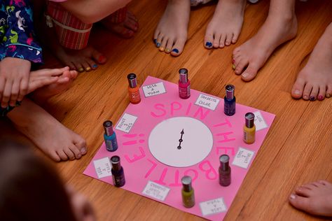 "Spin the Bottle" Game for what colour to paint hands and toes...so doing this--or at least try--they are 2-4 year olds after all Spin The Bottle Game, Paint Hands, Bottle Game, Sleepover Party Games, Girls Slumber Party, Girl Spa Party, Sleepover Birthday Parties, Spin The Bottle, Girl Sleepover