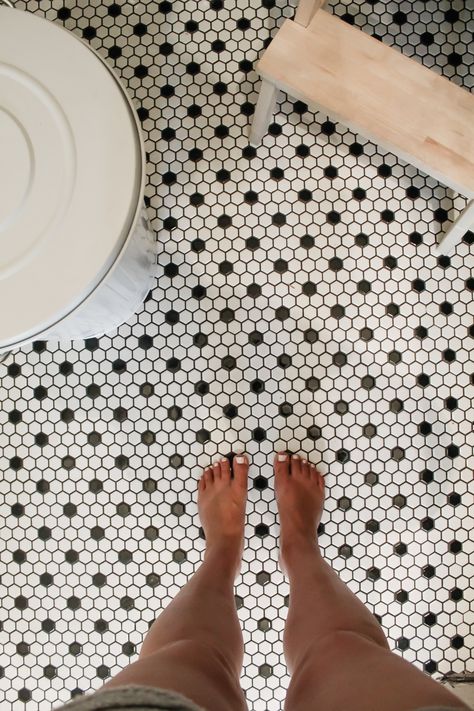 Penny Tile Pantry Floor, White Penny Tile Dark Grout, Penny Tile Bathroom Floor Designs, Mosaic Tile Laundry Room, Black And White Penny Tile Floor, Penny Tile Laundry Room Floor, Small White Hexagon Tile Bathroom, Penny Tile Powder Room, Penny Tile Laundry Room