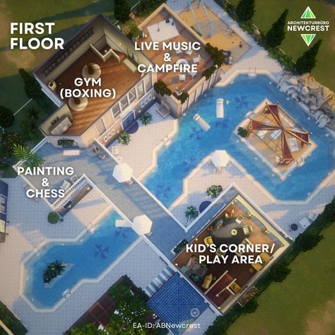 🍋 Riviera Family Pool & Gym 🍋 [swipe for floorplan] So this is the first build with the new Sims 4 Riviera Retreat kit. I will also post a reel with my favourite items from this one. 🧘 Pool type lot 🛋 Fully furnished 🍀 Functional & playtested 🏘 Basegame & Riviera Retreat ✅ No CC 📐 40x30 It's in the gallery. EA-ID: ABNewcrest 🌿 #thesims4 #sims #simstagram #showusyourbuids #sims4story Sims 4 Public Pool Ideas, Sims 4 Gym Layout, Sims 4 Pool Lot, Sims 4 Public Pool, 40x30 House Plans, Sims Pool, Retro Boho Bedroom, Sims 4 Gym, Sims 4 Pool