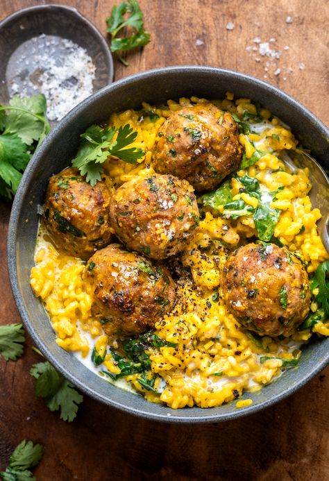 Spiced Coconut Rice, Chickpea Baked, Baked Chicken Meatballs, Golden Rice, Easy Baked Chicken, Chicken Meatballs, Coconut Rice, Baby Spinach, Weeknight Meals