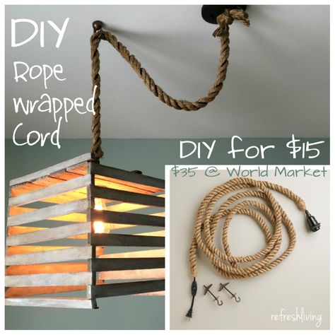 DIY Rope Wrapped Pendant Cord Pendant Light Cord, Farmhouse Style Lighting, Diy Pendant Light, Rope Pendant Light, Pendant Light Kit, Rope Diy, Farmhouse Light Fixtures, Swag Light, Cord Cover