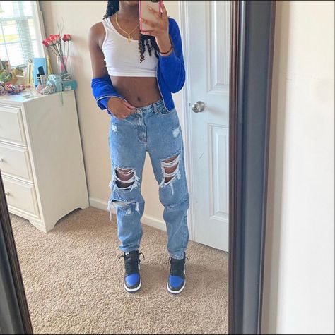 Street fit...drip Outfits With Jordan 1s, Jordan 1 Royal Blue, Royal Blue Outfits, Jordan Fits, Ny Outfits, Jordan Outfit, Street Fits, Blue Jordans, College Fits