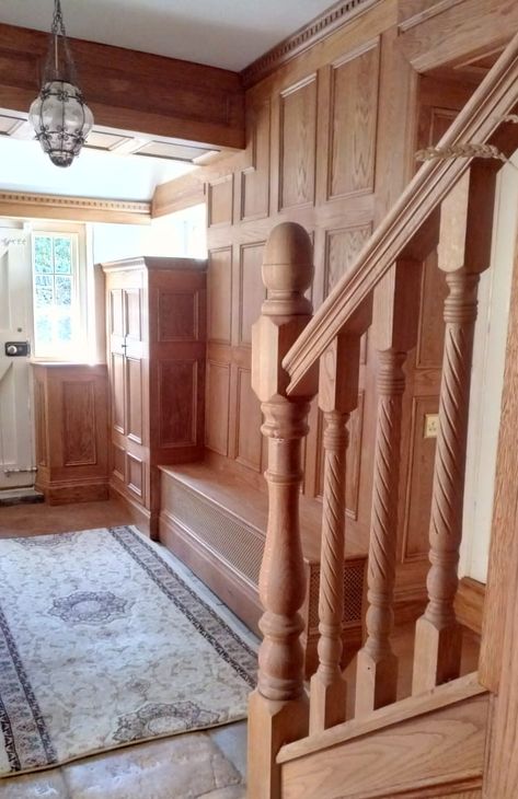 Wood Paneling Painted, Oak Wall Paneling, Staircase Bathroom, Oak Panelling, Interior Wall Panels, 1930s House Renovation, Oak Decor, Wooden Panelling, Painting Wood Paneling