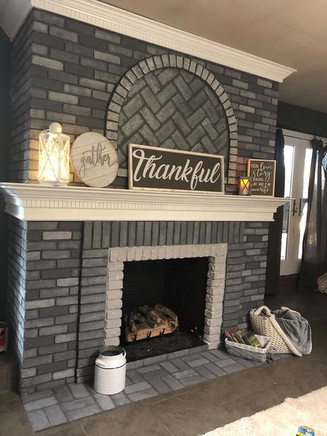 Fireplace Makeover: Grey Paint - The Happy Farmhouse Wash Brick Fireplace, White Wash Brick Fireplace, Red Brick Fireplaces, Fireplace Redo, Painted Brick Fireplace, Painted Brick Fireplaces, Fireplace Update, White Wash Brick, Paint Fireplace