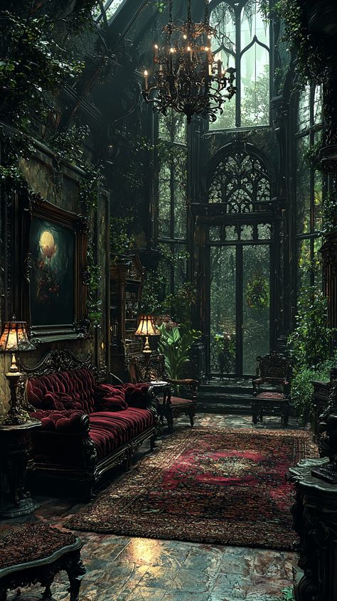 Conservatory Ideas: Gothic Interior Design Inspiration & Decor Tips Goth Vision Board Ideas, Dark Cottage Core House, Gothic Spring Aesthetic, Modern Gothic Home Interiors, Academia House Interior, Gothic Sunroom, Moonlit Conservatory, Gothic Barndominium, Dark Academia Decor Ideas