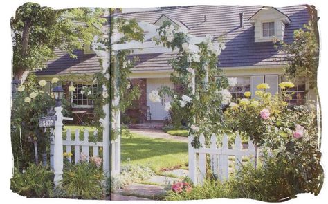 Mademoiselle Rose: Front Entrances White Picket Fence Ideas, Picket Fence Ideas, Trellis Gate, Garden Arch Trellis, Arch Trellis, Arch Decoration, Alpine Plants, Painted Cottage, Garden Arbor