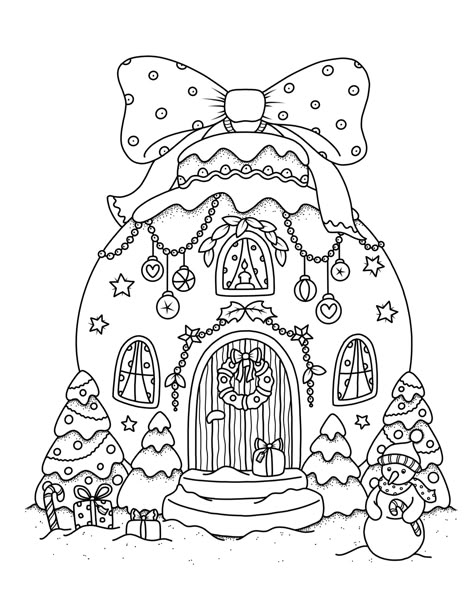 Printable Coloring Book Christmas, Cute Christmas Coloring Pages Aesthetic, Christmas House Coloring Page, Christmas Coloring Pages Adult, Kawaii Christmas Coloring Pages, Adult Coloring Pages Christmas, Winter Colouring Pages, Gingerbread House Coloring Page, December Coloring Pages