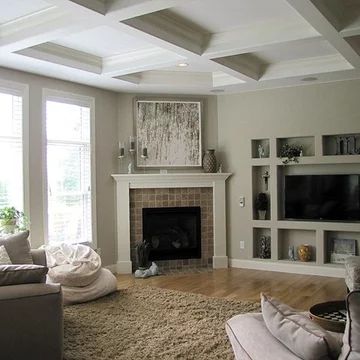 Family Room Designs With Fireplace, Corner Fireplace With Built Ins On One Side, Built In Tv Wall Unit Next To Corner Fireplace, Kitty Corner Fireplace Living Rooms, Living Room Built Ins Corner Fireplace, Built In With Corner Fireplace, Built In Shelves With Corner Fireplace, Corner Fireplace Rug Placement, Built Ins Next To Corner Fireplace