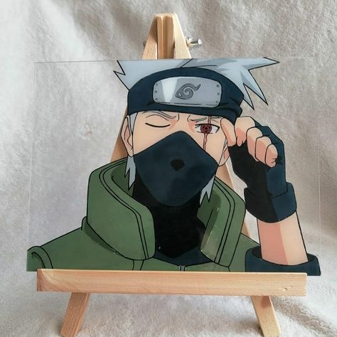 Kakashi Canvas Painting, Kakashi Glass Painting, Naruto Painting Easy, Naruto Painting Ideas On Canvas, Naruto Glass Painting, Bump Painting, Anime Canvas Painting, Embroidered Canvas Art, Naruto Painting