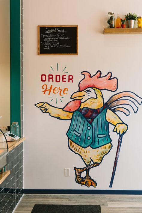 Chicken Shop Design Ideas, Chicken Store, Desain Merek, Fried Chicken Restaurant, Small Restaurant Design, Chicken Logo, Selfie Wall, Chicken Shop, Cafe Wall Art