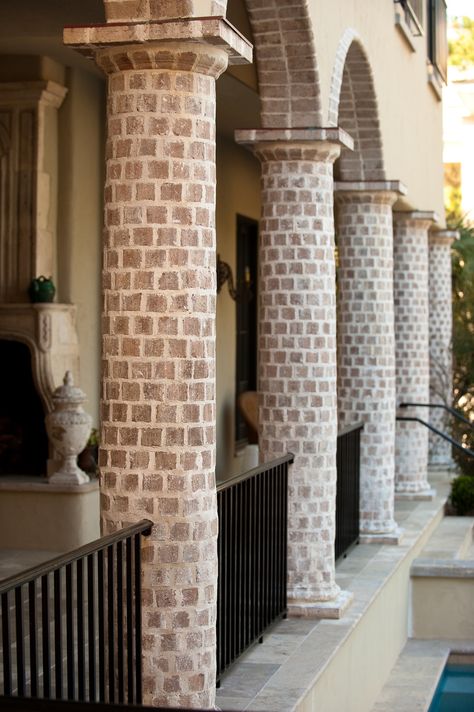 Round Brick Column Loggia with Brick Arches and Black Metal Railing Architectural Details TraditionalNeoclassical Tuscan Mediterranean Coastal French Provincial Porch Portico by Island Architects Aluminum Porch Railing, Black Metal Railing, Brick Arches, Porch Railing Designs, Tuscan Interior, Patio Railing, Metal Railing, Brick Columns, Railing Ideas