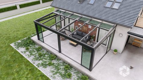 SA200 Retractable Glass Roof with Sliding Glass Doors Sliding Glass Door Screen, Retractable Glass Roof, Glass Sunroom, Pergola Roof, Glass Conservatory, Sunroom Addition, Small Curtains, Pergola With Roof, Covered Pergola