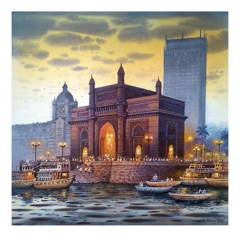 Gateway Of India,30"X30" Square City Scape Acrylic Painting On Stretched Canvas Old Bombay, Gateway Of India, Cityscape Paintings, Famous Art Pieces, India Poster, Mumbai City, Dreamy Artwork, The Taj Mahal, City Scape