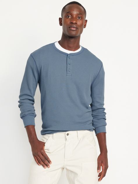 crew neck long sleeves button-henley placket relaxed fit hits at hip model is approx.  6'1" and wears size mmachine wash according to the care instruction label Dad Fits, Family Photo Colors, Fam Pics, Waffle Henley, Henley T Shirt, Pajamas Gift, Old Navy Men, Henley Shirt, Henley Top