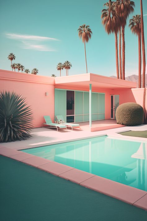 #digitalart #architecture #art #minimalist #aiartcommunity #digitalartist #aiart Miami Pool Aesthetic, Miami Art Deco Interior Design, Mic Design, Palm Springs Houses, Disney Minimalist, Architecture Series, Miami Art Deco, Palm Spring, Pink House